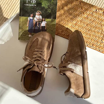 Round Toe Leather Sueded Patchwork Lace-Up Soft Sole Flats