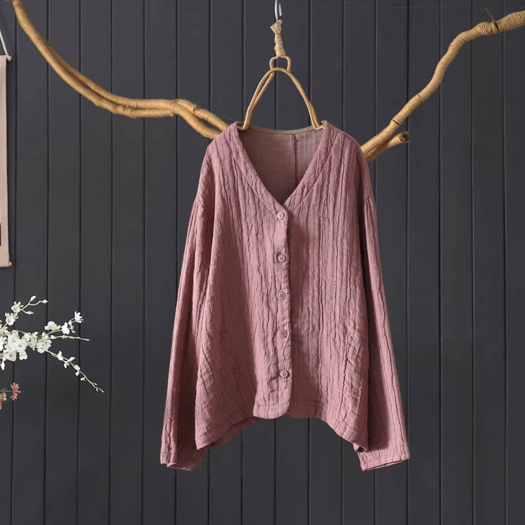 Retro Linen V-Neck Wrinkled Solid Color Single-Breasted Shirt