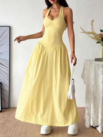 Yellow Slim Sleeveless Casual Everyday U-Neck Halterneck Dress