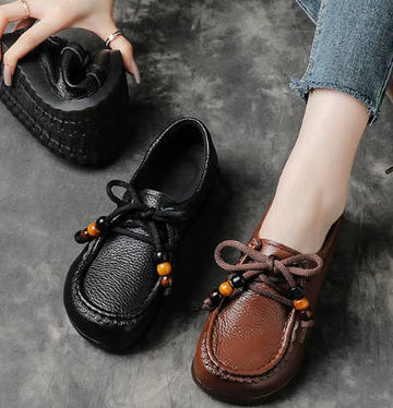 Vintage Women Top-Grain Leather Square Toe Soft Sole Wide Fit Flats