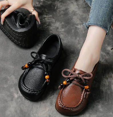 Vintage Women Top-Grain Leather Square Toe Soft Sole Wide Fit Flats