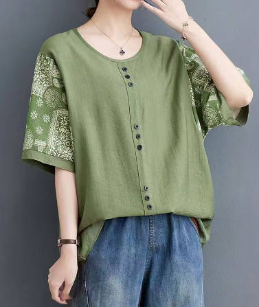 Vintage Casual Cotton Linen Loose Fit Round Neck Patchwork Top