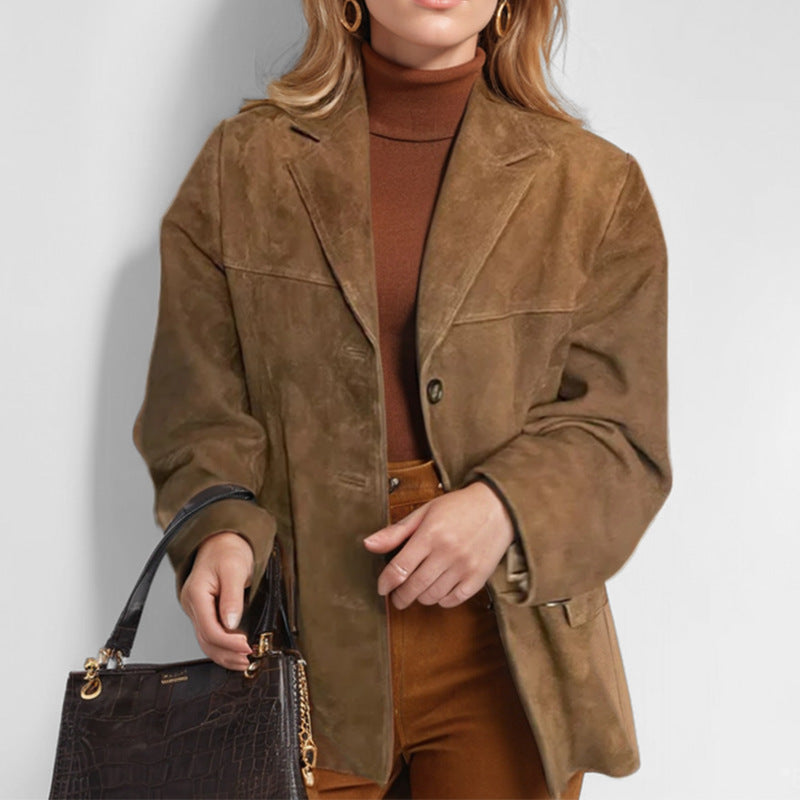 Women Autumn Retro Lapel Chic Solid Color Sueded Blazer
