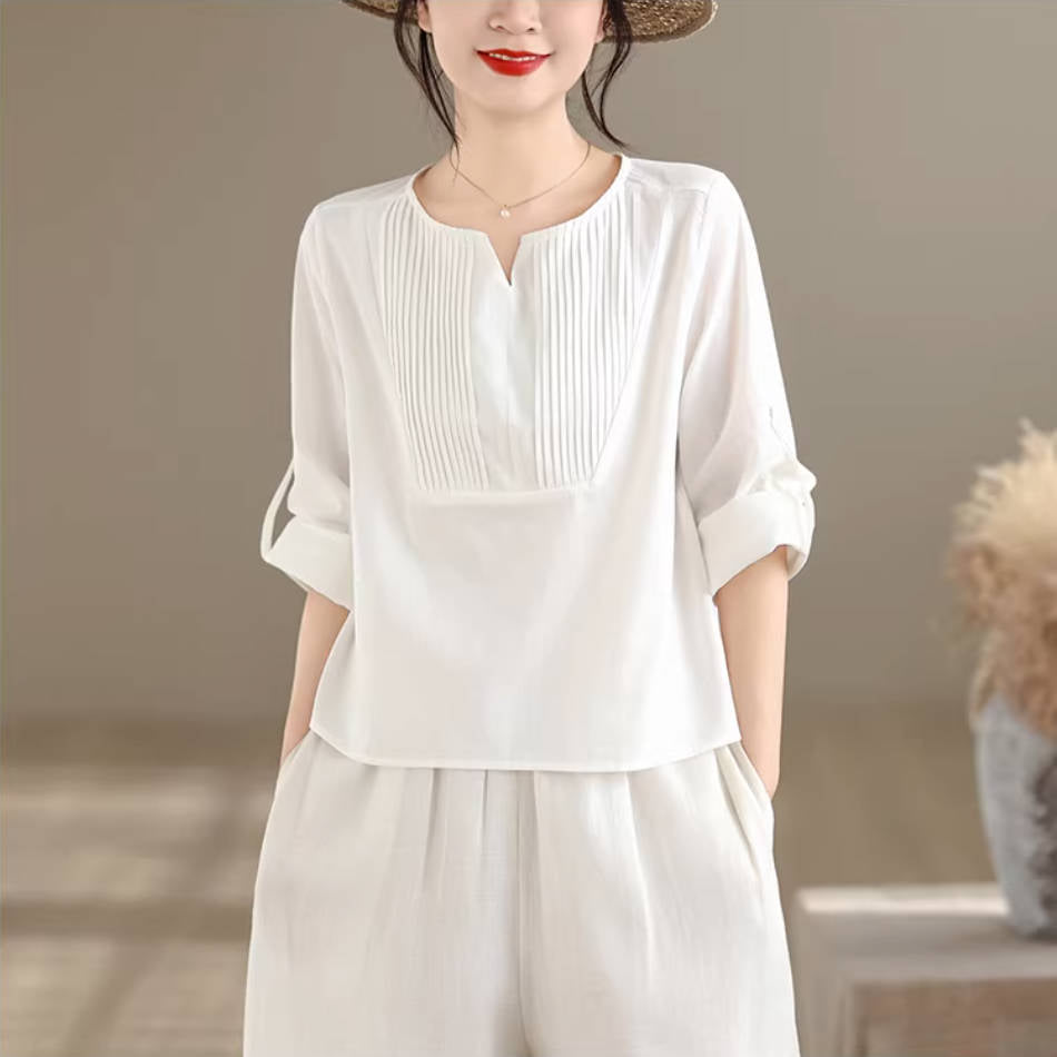 Retro Linen V-Neck Box Pleat Solid Color Half Sleeves Loose Tops