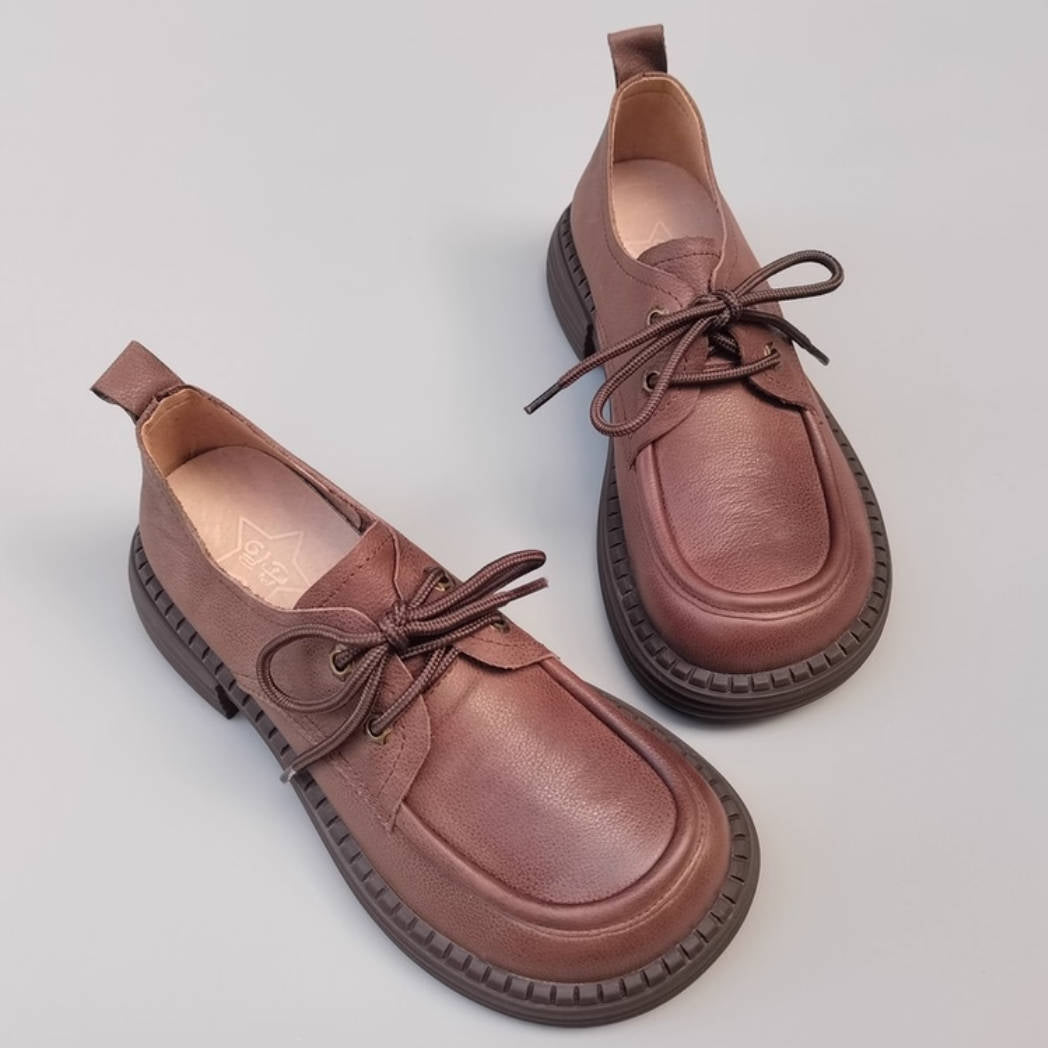 Retro Top Leather Wide Toe Soft Sole Chunky Lace-Up Slip-On Shoes