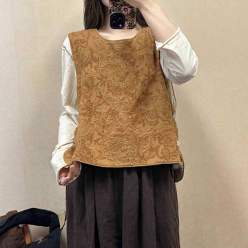Autumn Retro Linen Embroidered Round Neck Vest