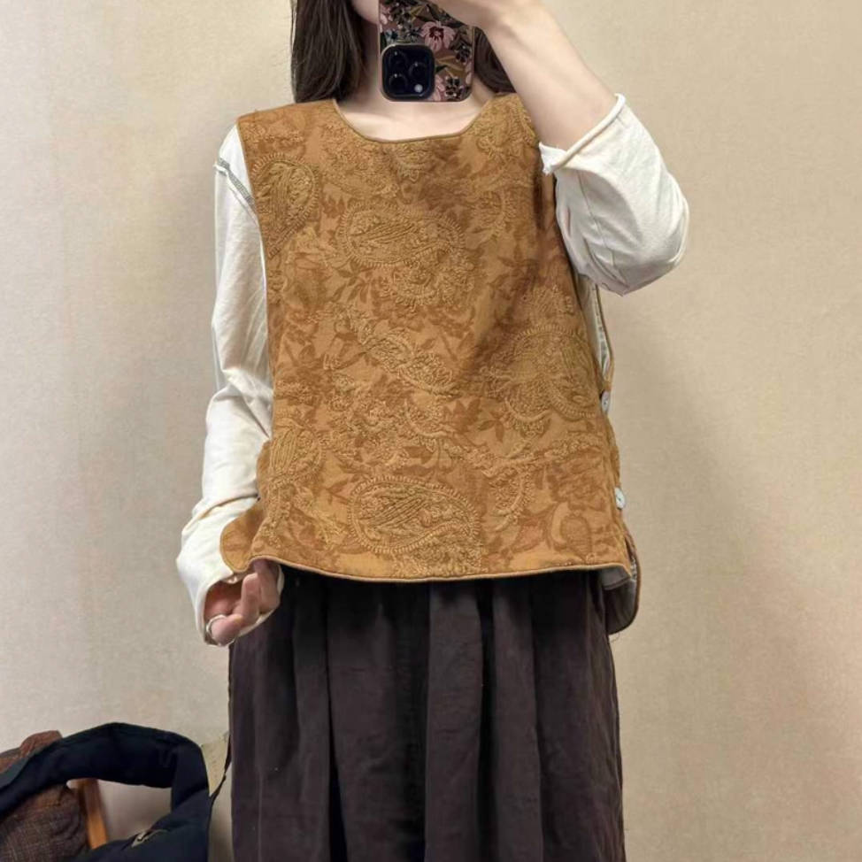 Autumn Retro Linen Embroidered Round Neck Vest