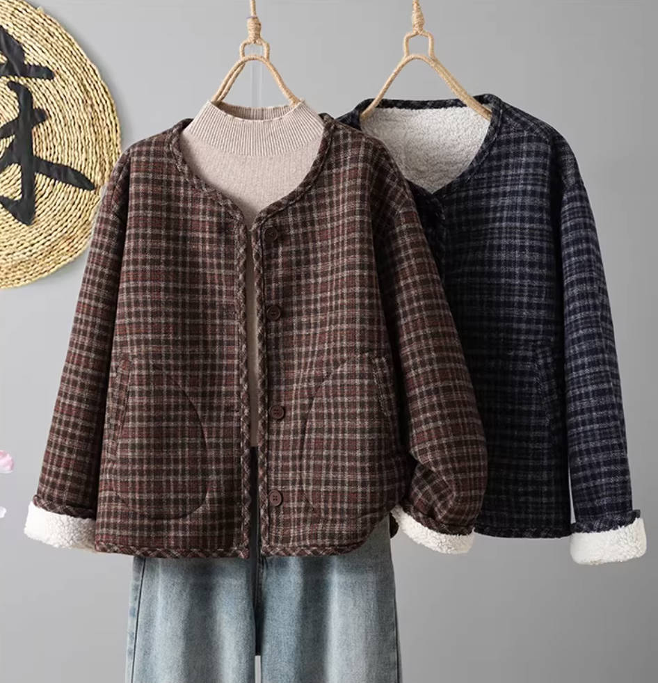 Winter Retro Cotton Casual Round Neck Plush Plaid Patchwork Coat