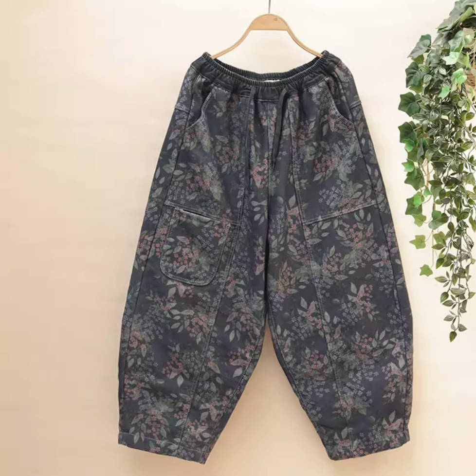 Retro Denim Floral Printed Elastic Waist Wide Legs Plush Harem Pants