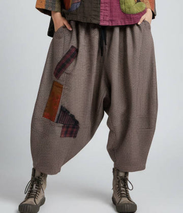 Retro Patchwork Plaid Denim Wide-Leg Trousers