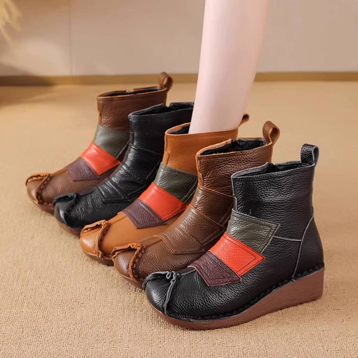 Winter Top Leather Soft Sole Patchwork Zipper Ankle Boots