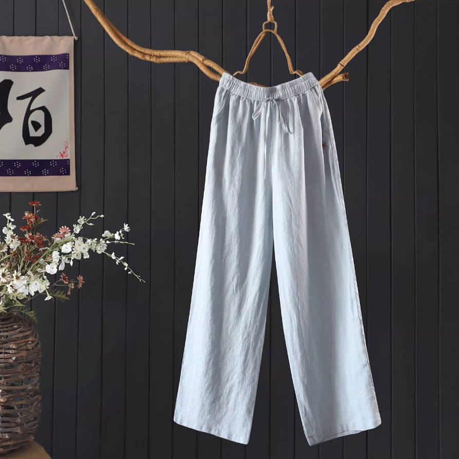 Spring Linen Solid Color Embroidered Elastic Waist Soft Pants