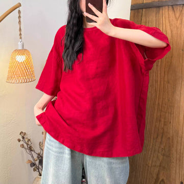 Spring Linen Solid Color Round Neck Loose Comfortable Tops