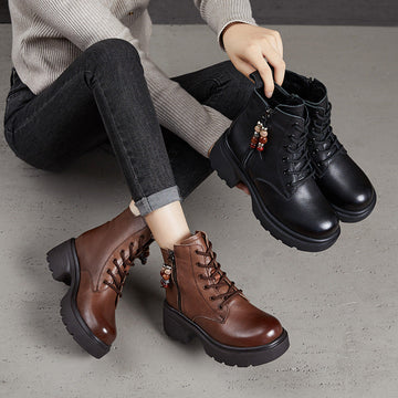 Genuine Leather Retro Platform Chunky Beading Zipper Boots