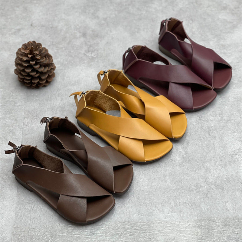 Summer Retro Leather Crossing Straped Open Toe Zipper Flats