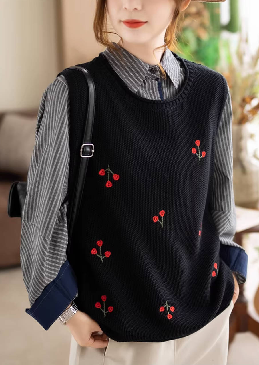 Spring Retro Cotton Knitted Round Neck Embroidered Sleeveless Tops