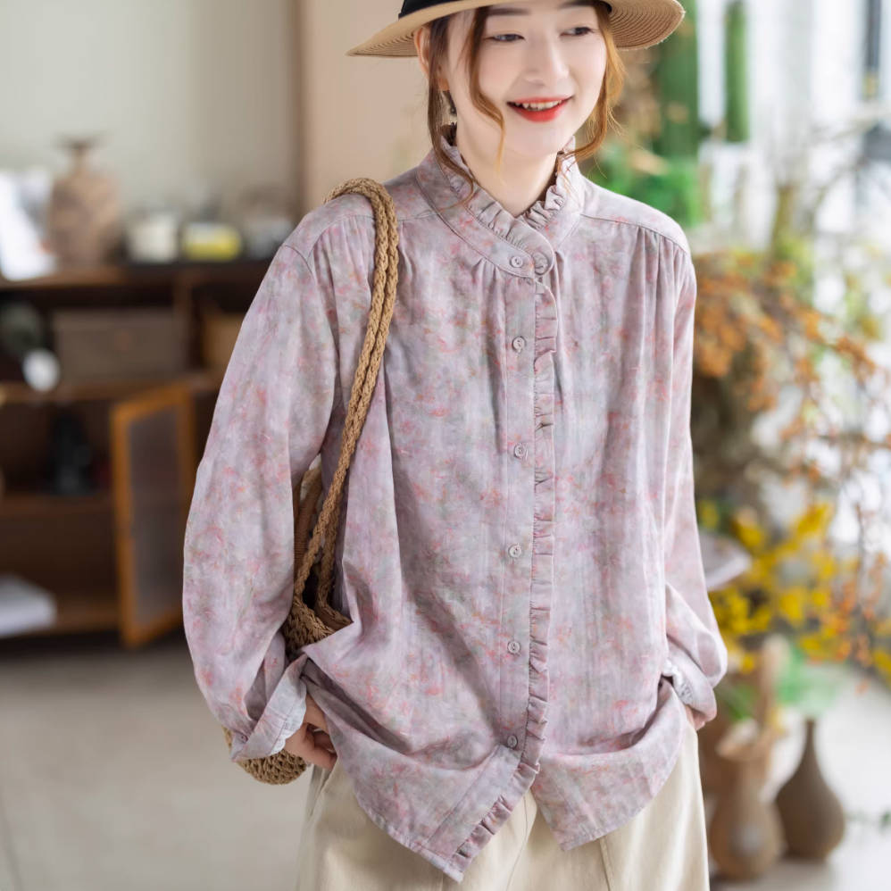 Spring Cotton Ruffled Neck Printed Patchwork Loose Casual Shirt