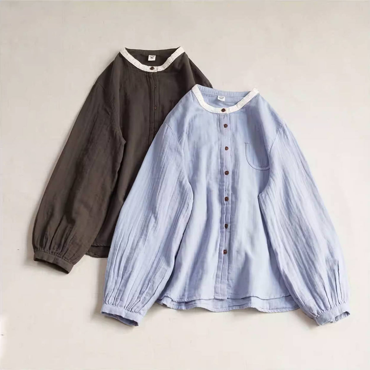 Spring Retro Cotton Round Neck Patchwork Versatile Loose Shirt