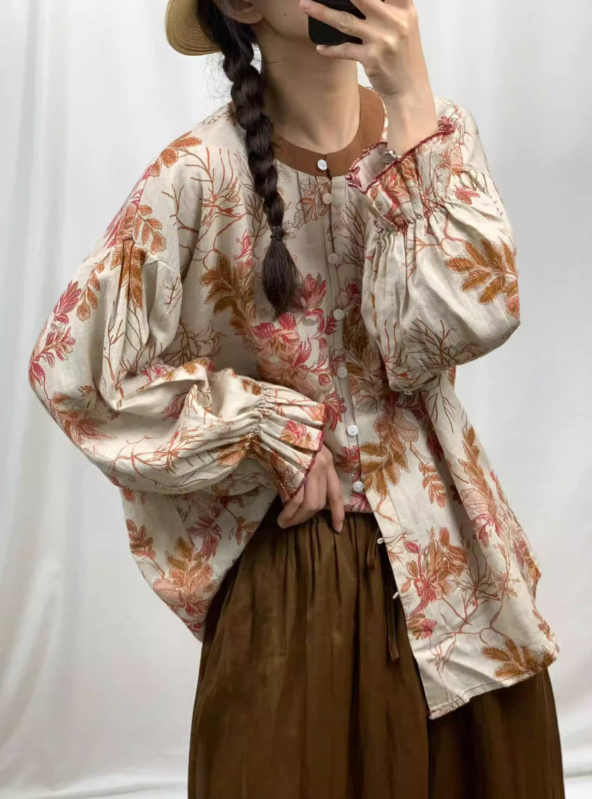 Spring Retro Ramie Printed Comfortable Round Neck Loose Lazy Tops