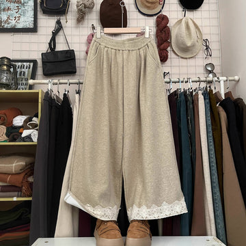 Winter Wool Cotton Warm Lace Patchwork Elastic Waist Pants