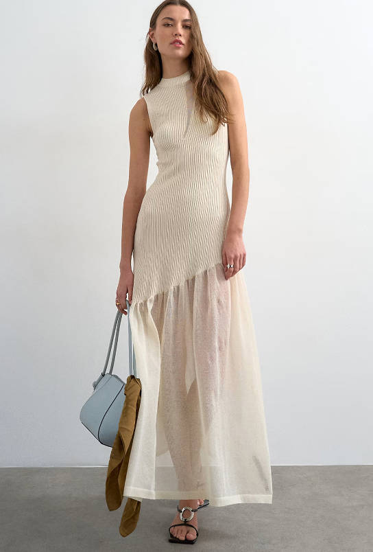 Summer Mature Elegant Mesh Panel Design Ribbed Knit Dress