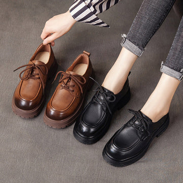 Spring Top Leather Round Toe Platform Thick Sole Lace-Up Casual Shoes