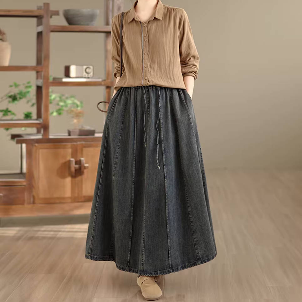 Spring Retro Denim Black Casual Loose Versatile Fashion A-Line Skirt