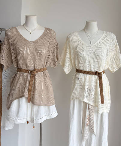 Women V-Neck Diamond Pattern Hollow Knit Short Sleeve Irregular Top