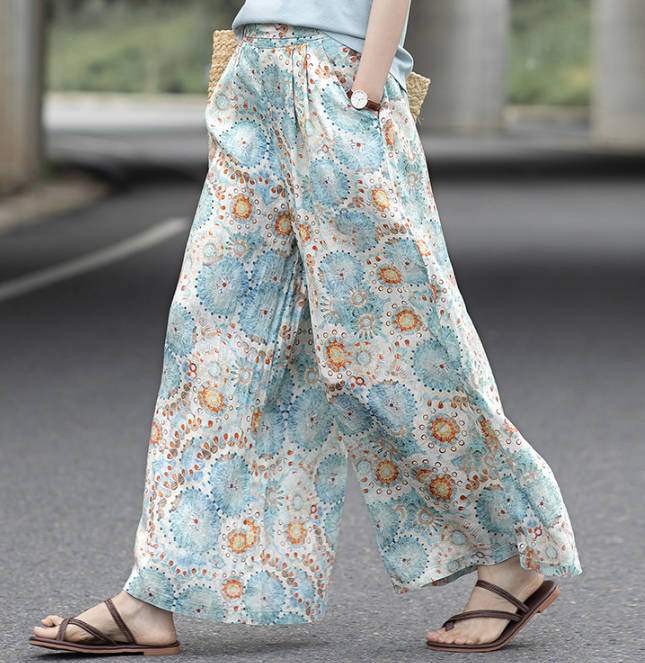 Spring Loose Casual Linen Print Wide Leg Pants