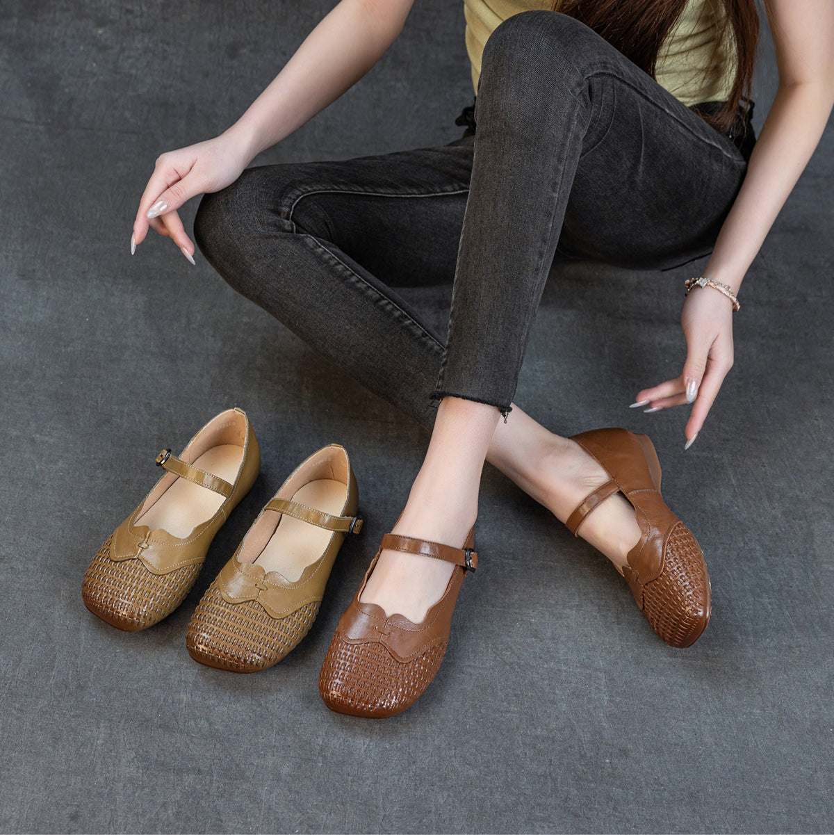 Retro Leather Woven Patchwork One Straped Casual Flat Sole Shoes