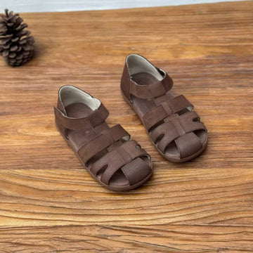 Retro Leather Open Toe Cut Out One Straped Velcro Soft Sole Flats