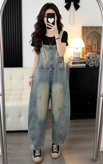 Retro Denim Sleeveless Wide Legs Slim Casual Harem Jumpsuits