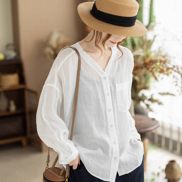 Thin Retro Ramie V-Neck Comfy Long Sleeves Loose Casual Shirt