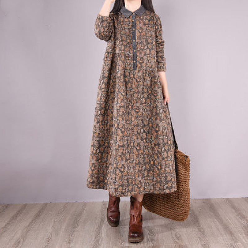 Winter Linen Shirt Collar Long Sleeves Floral Printed Cotton-In Dress