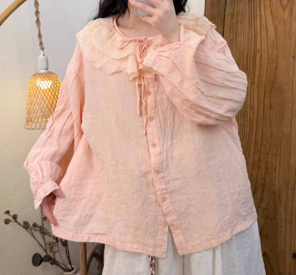 Spring Linen Solid Color Long Sleeve Ruffled Collar Shirt