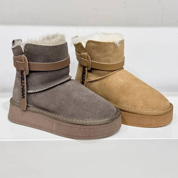 Winter Warm Leather Woolen Platform No-Slip Straped Ankle Boots