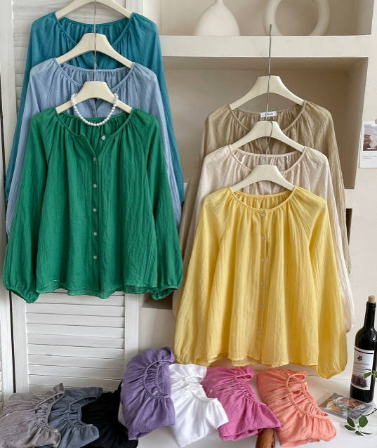 Women Summer Cotton Linen Loose Solid Color Round Neck Blouses