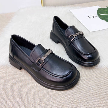 Retro Leather Wide Round Toe Shallow Slip-On Loafer Shoes