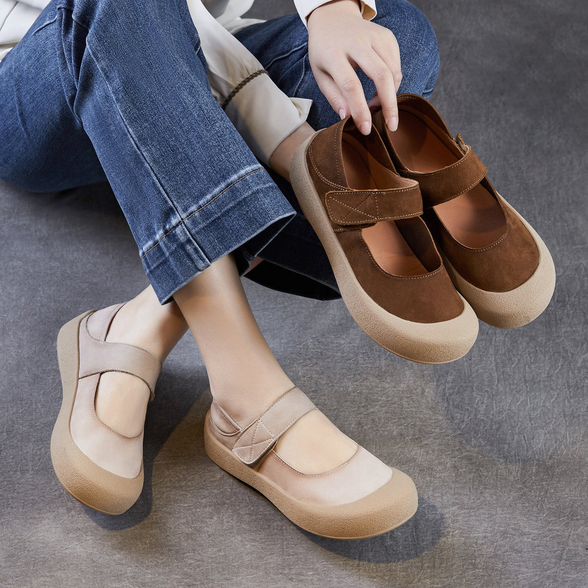 Patchwork Leather Rubber Shallow One Straped Velcro Soft Sole Flats