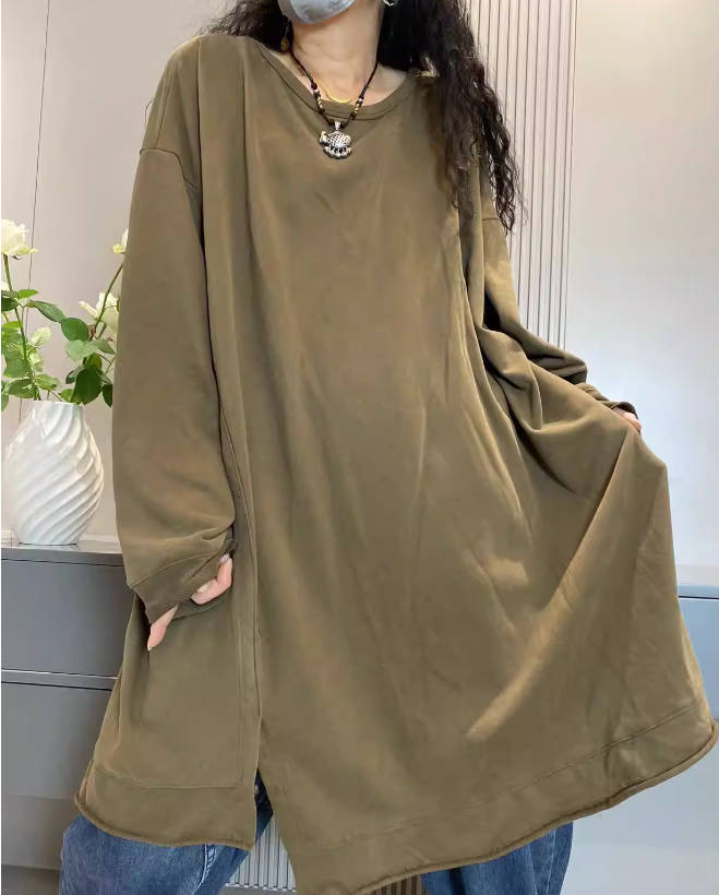 Spring Oversized Cotton Long Sleeve Round Neck Top