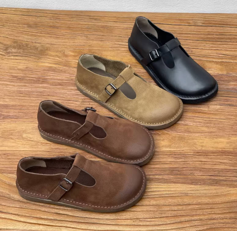 Retro Leather Vintage Round Toe Casual One Straped Flats