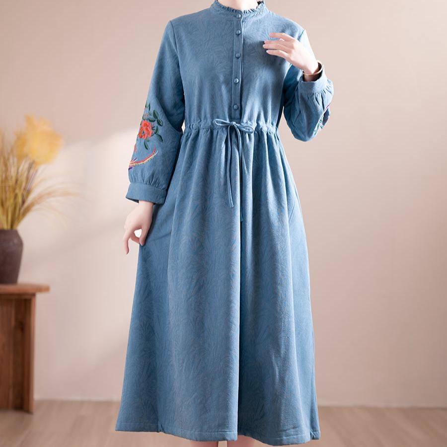 Women Winter Floral Embroidered Fleece-Lined Midi Dress