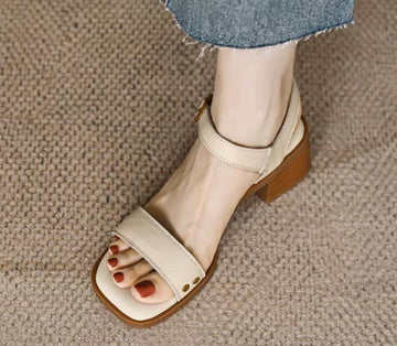 Retro Summer Open Toe Touch Fastener Chunky Heel Soft Leather Sandals