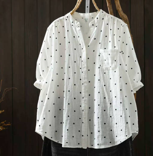 Vintage Loose Fitting Short Sleeve Polka Dot Cotton Linen Shirt