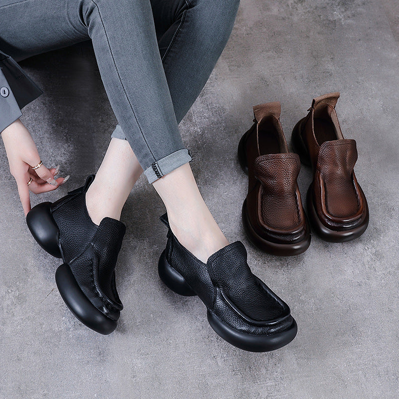 Retro Top Leather Round Toe Thick Sole  Slip-On Stylish Shoes