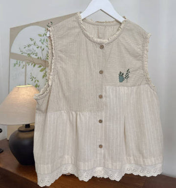 Summer Vintage Linen Sleeveless Patchwork Striped Vest Top