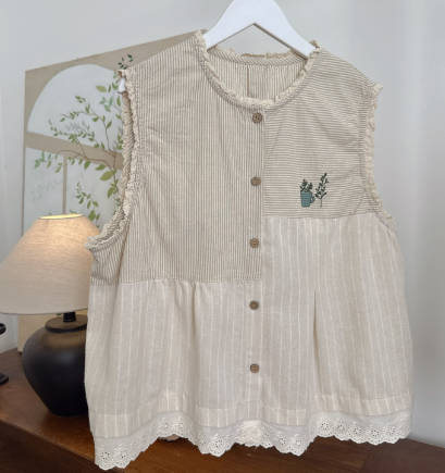 Summer Vintage Linen Sleeveless Patchwork Striped Vest Top
