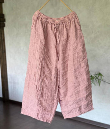 Vintage Women Yarn-Dyed Linen Drawstring Loose Waist Nine-Part Pants