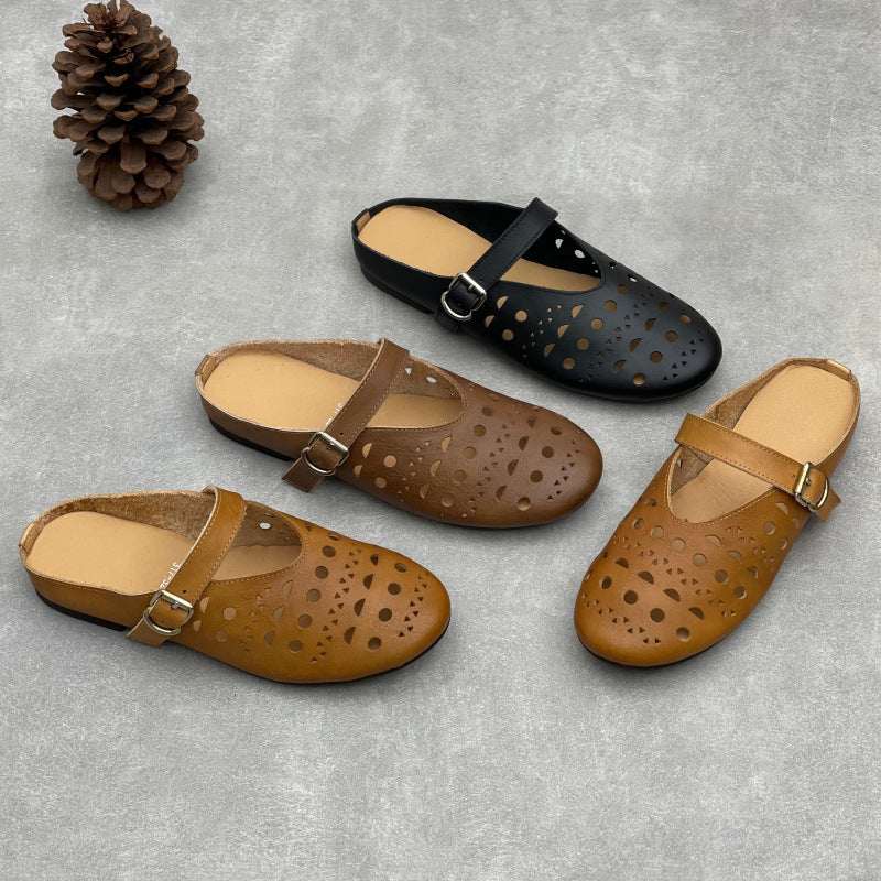 Summer Genuine Leather Hallow One Straped Casual Slip-On Flats