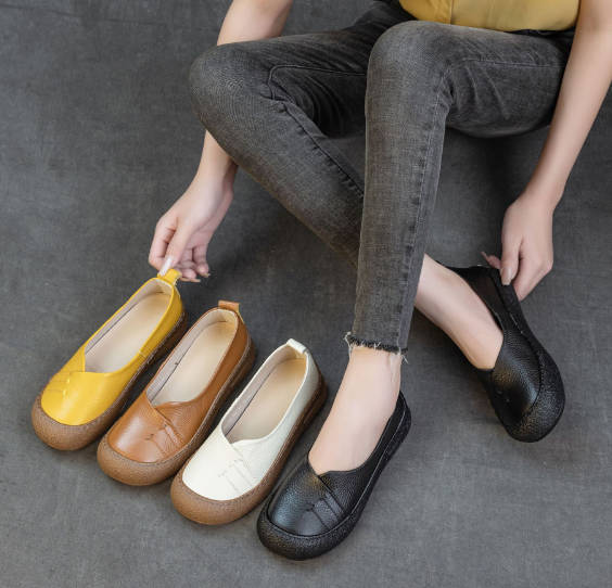 Spring Genuine Leather Casual Round Toe Slip-On Flats